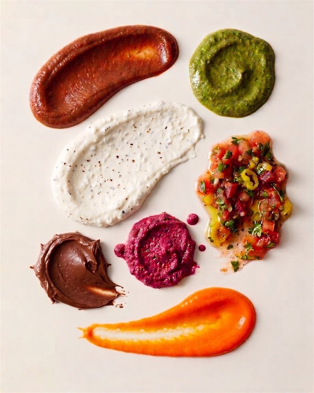All seven Curious Ladle dips and sauces ladled out as colorful smears
