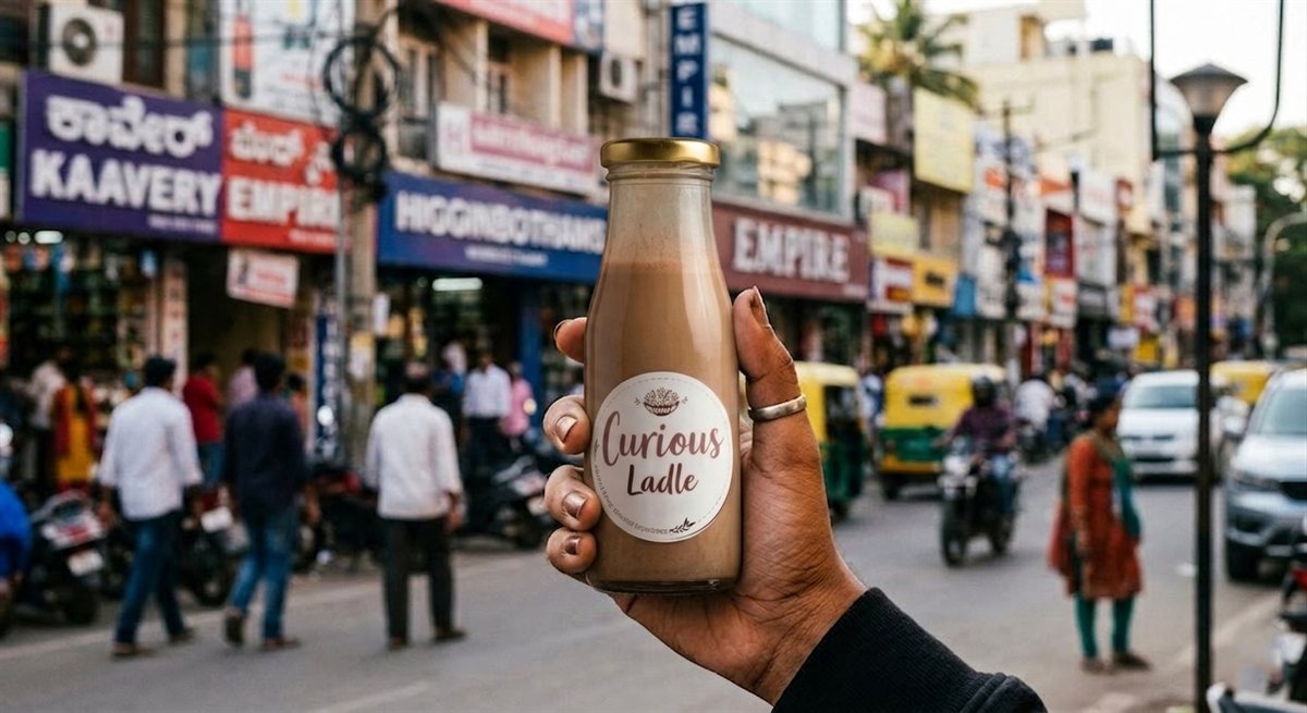 Curious Ladle milkshake bottle held up against a Bangalore street scene