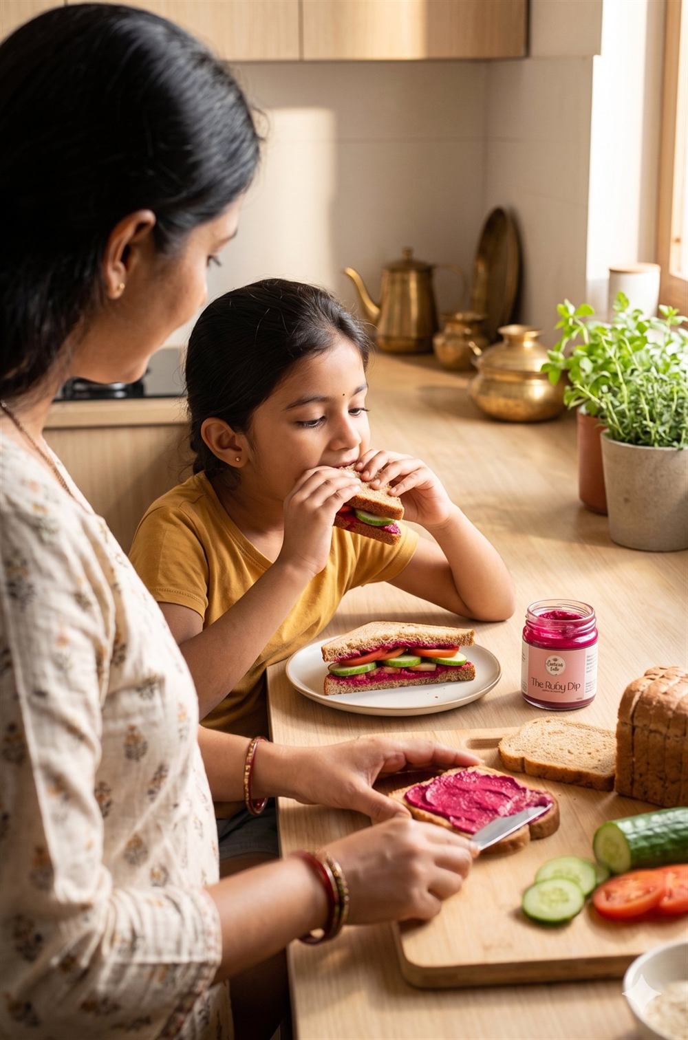 Mom and daughter making sandwiches with The Ruby Dip