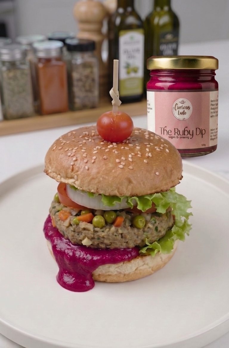 Plant-based veggie burger loaded with The Ruby Dip