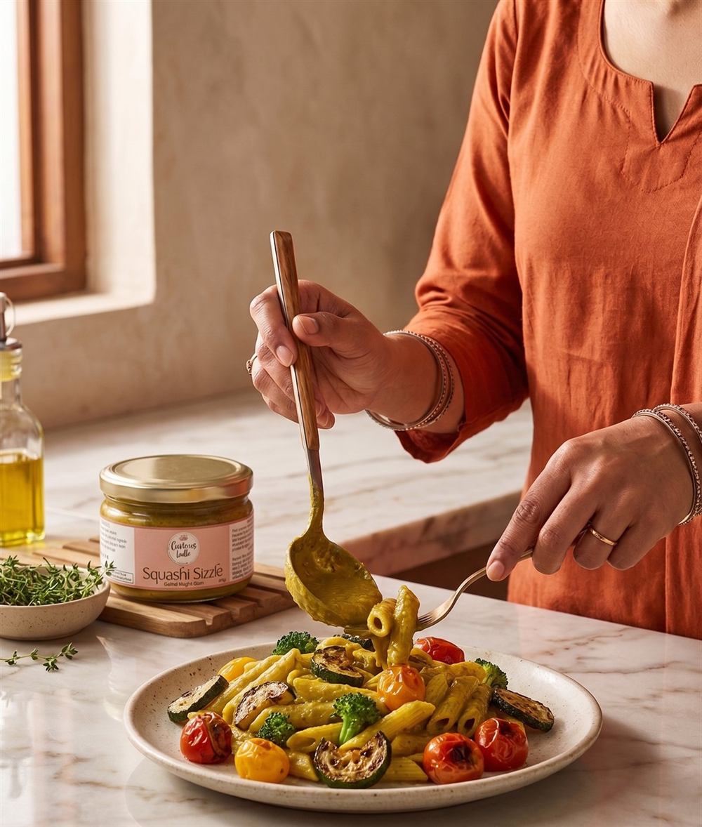 Squashi Sizzle Sauce ladled over penne with grilled vegetables