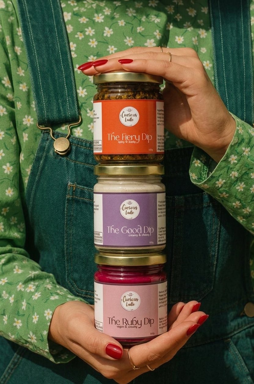 Stack of three jars — The Fiery Dip, The Good Dip, and The Ruby Dip — held against a green floral shirt