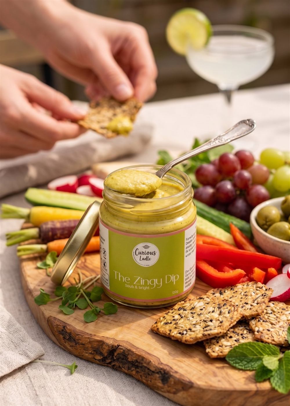 The Zingy Dip on a snack board with crackers and crudites