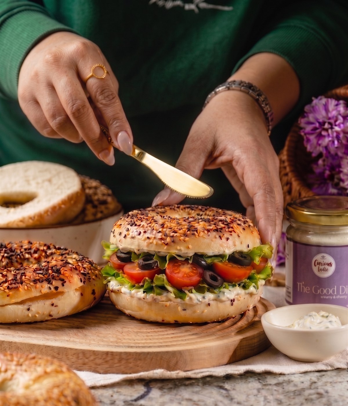 Toasted bagel with Good Dip spread