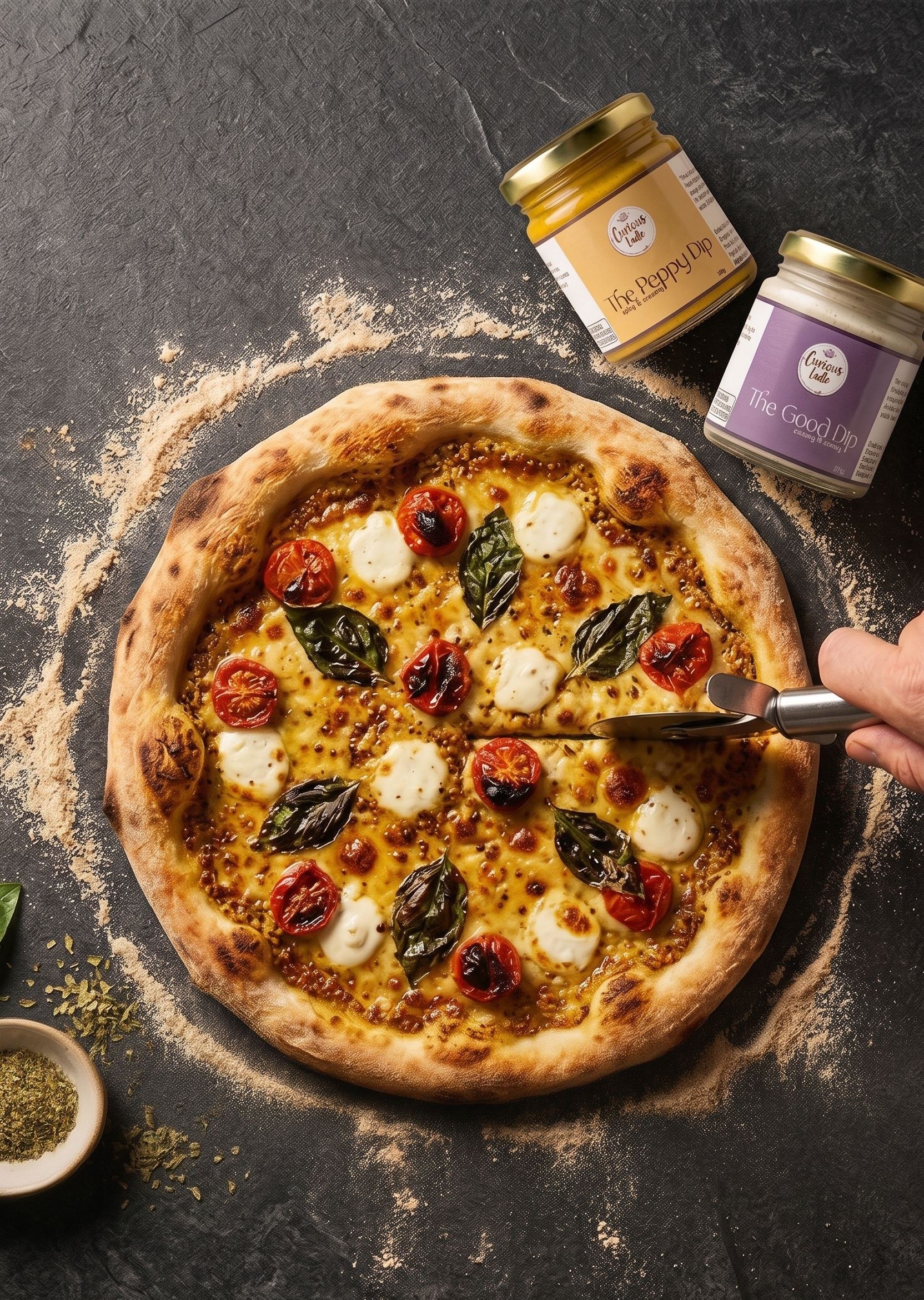 Smoky pizza with Peppy and Good Dip jars
